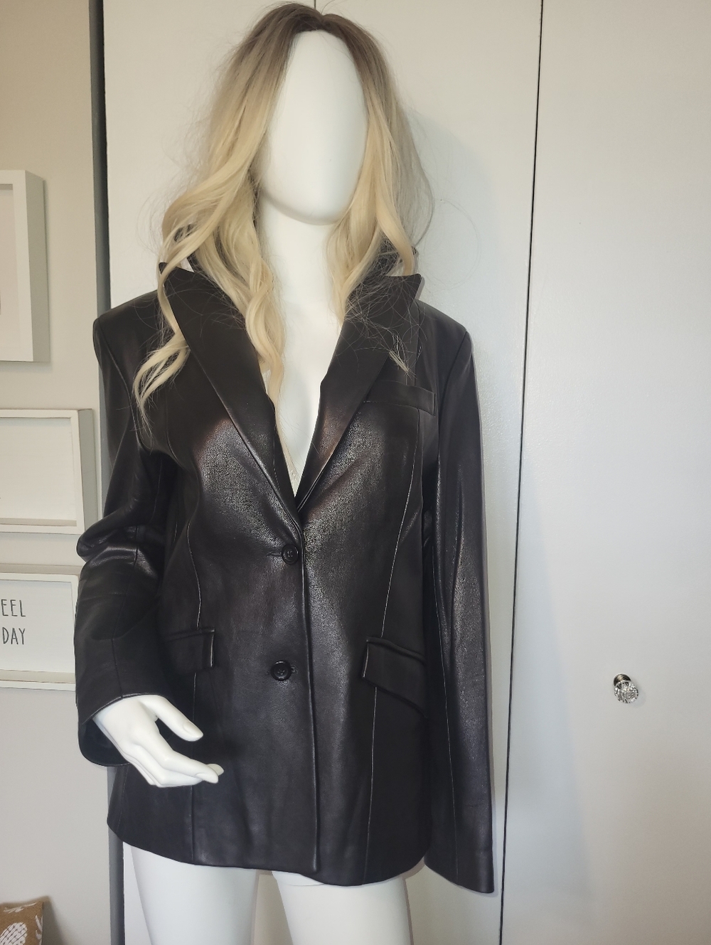 \ID Black Leather Blazer with Notch Lapels Two Button Closure